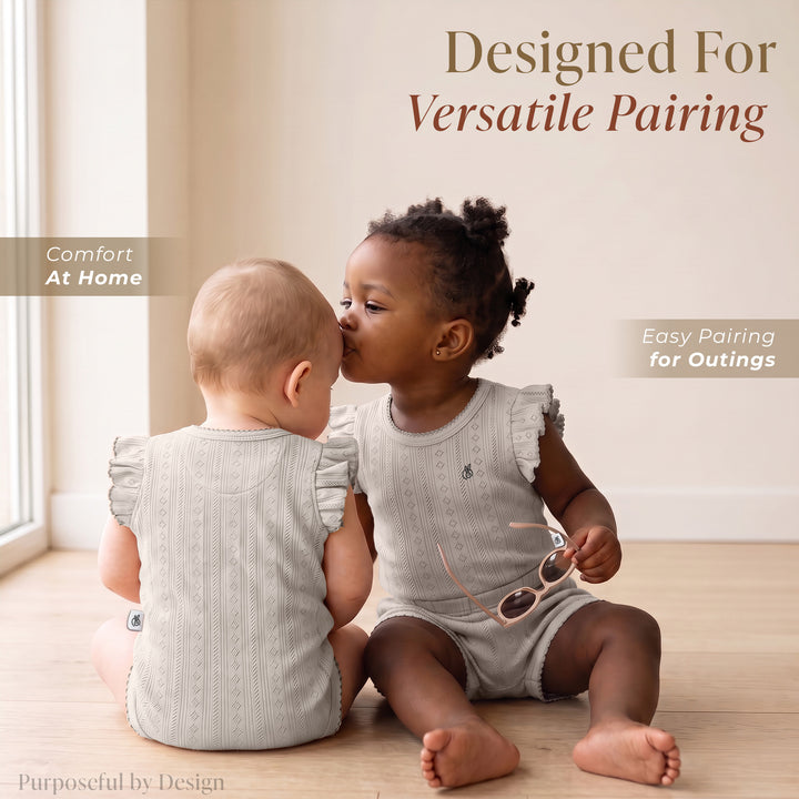 Mushmellow Light Grey Pointelle Ruffle Onesie & Short 2-Piece Set