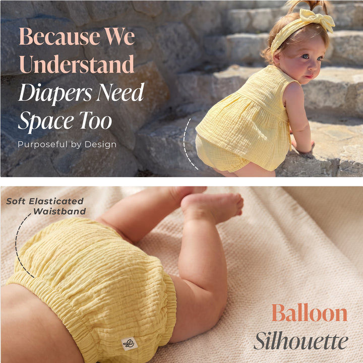 Pastelpops Mellow Yellow Cotton Crinkle Wrap Over Frock & Bloomer 2-Piece Set