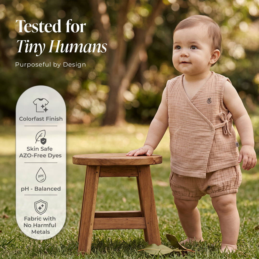 Pastelpops Beige Cotton Crinkle Wrap Over Vest & Bloomer 2-Piece Set