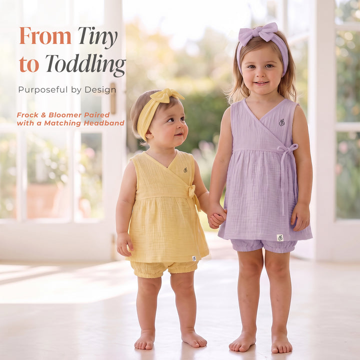 Pastelpops Mellow Yellow Cotton Crinkle Wrap Over Frock & Bloomer 2-Piece Set - 2-4 Years