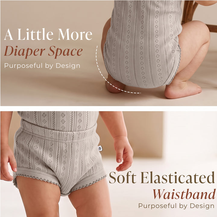 Mushmellow Light Grey Pointelle Ruffle Onesie & Short 2-Piece Set