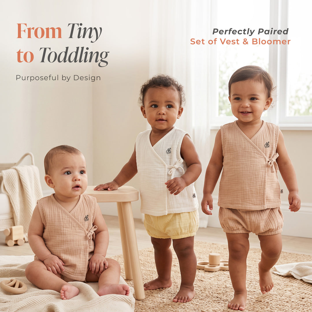 Pastelpops Beige Cotton Crinkle Wrap Over Vest & Bloomer 2-Piece Set