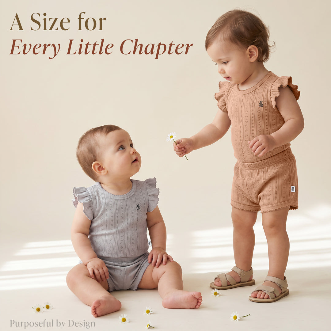 Mushmellow Light Grey Pointelle Ruffle Onesie & Short 2-Piece Set